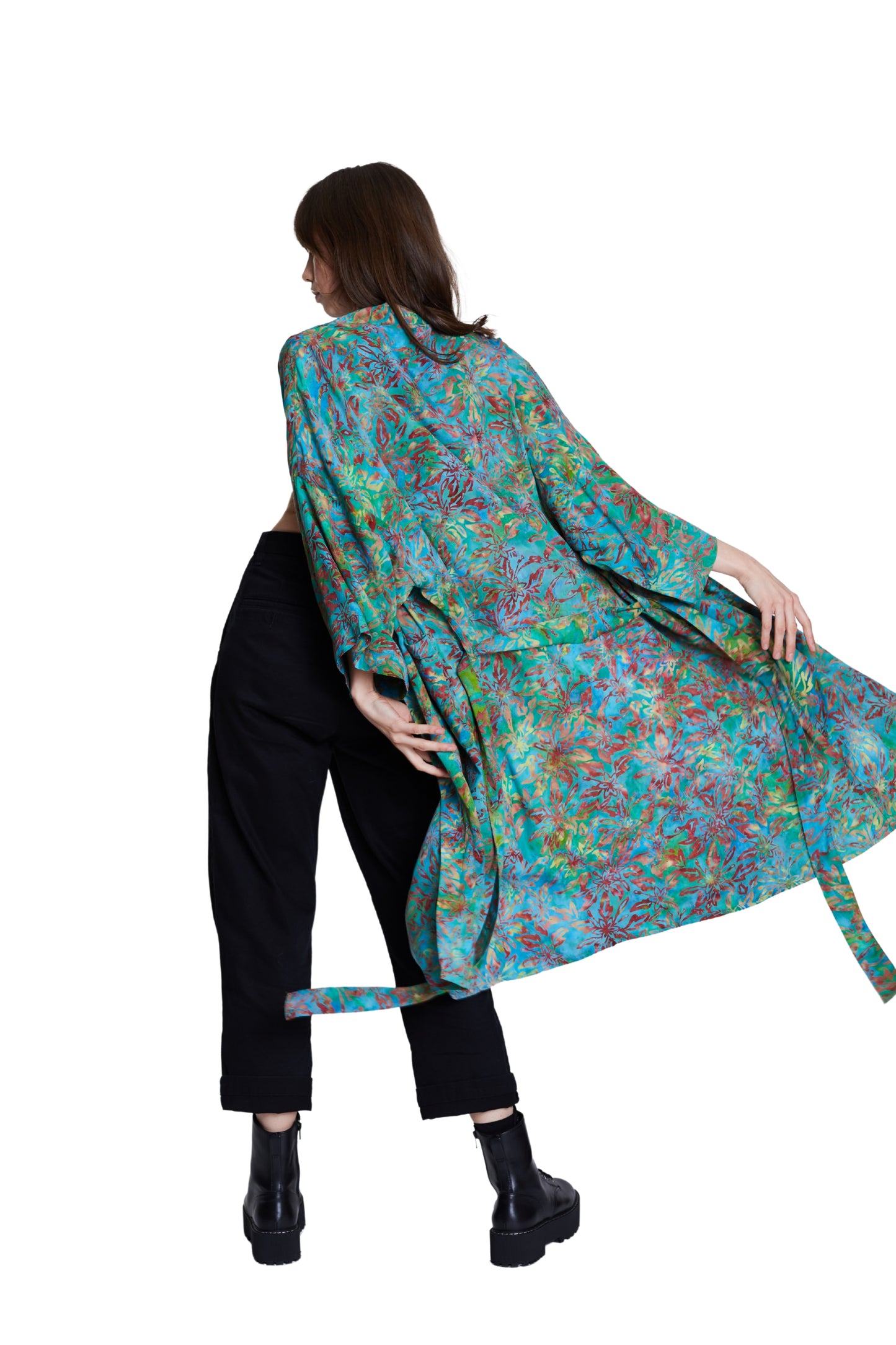 Long Multicolour-Green handmade Kimono