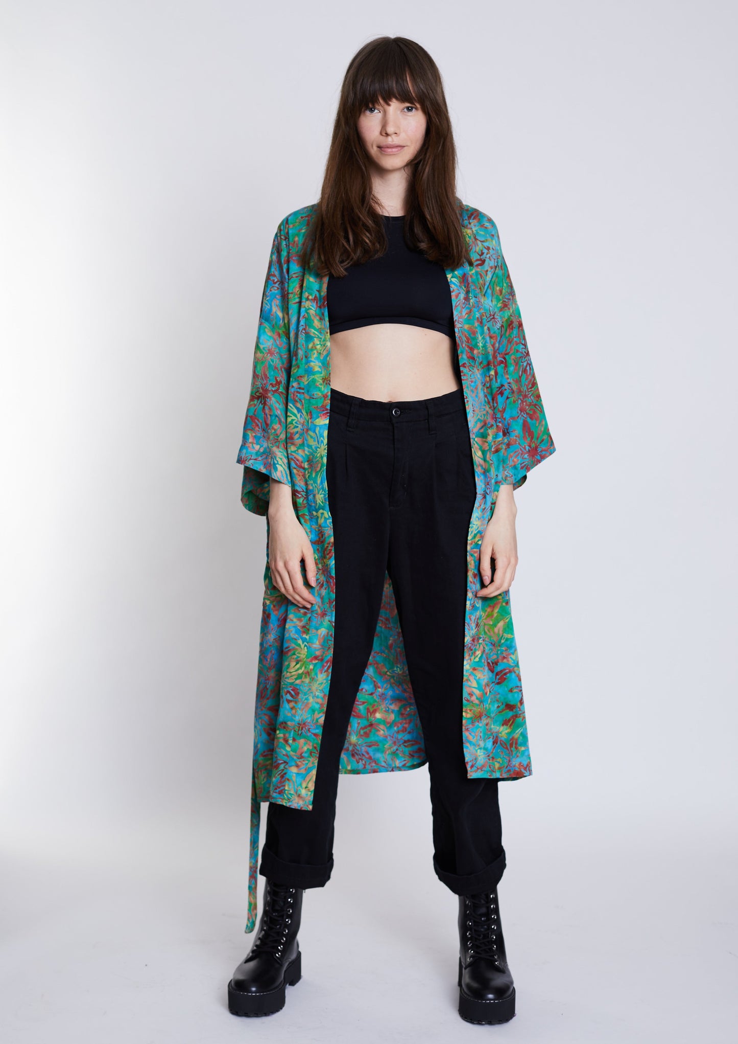 Long Multicolour-Green handmade Kimono