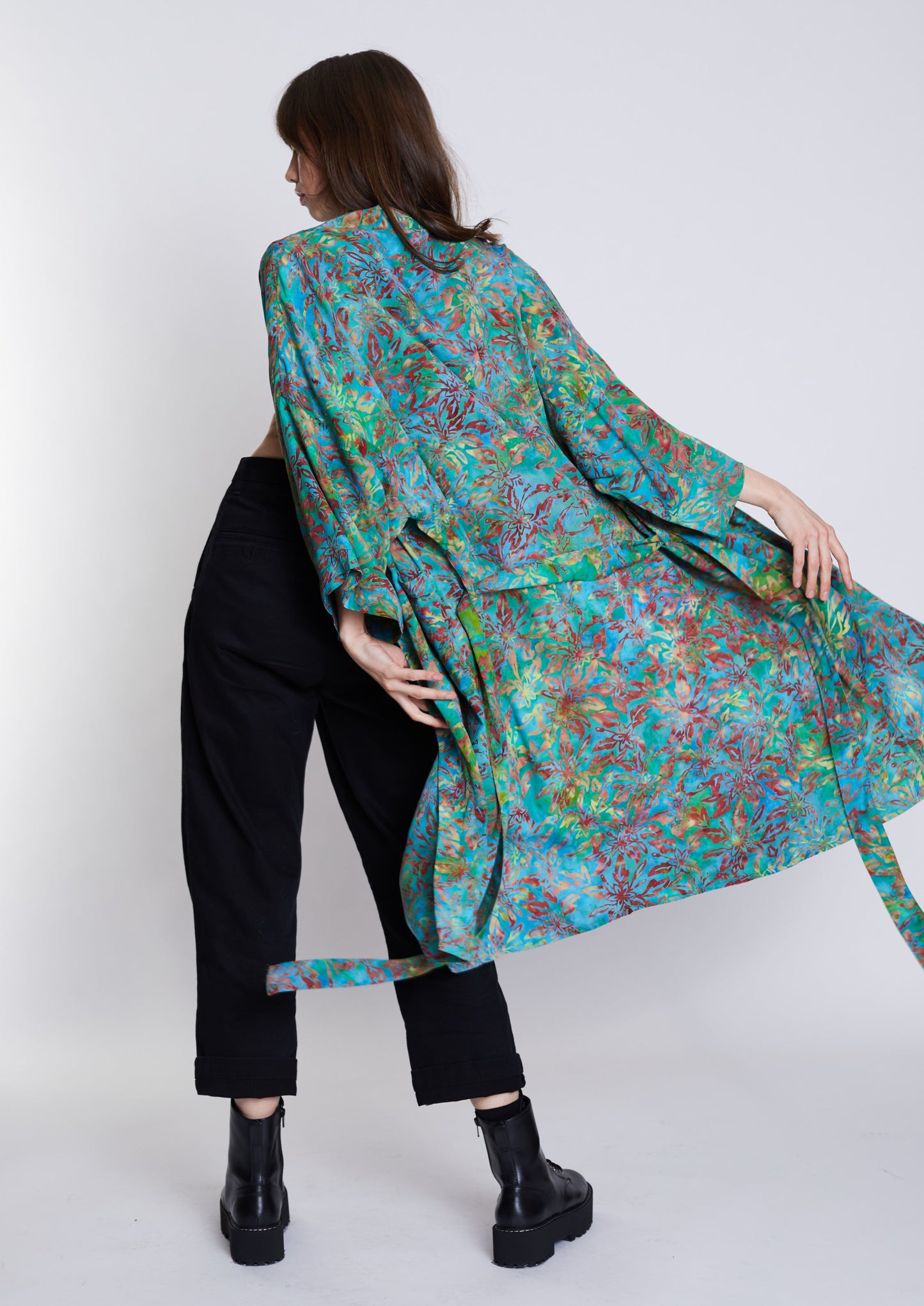 Long Multicolour-Green handmade Kimono