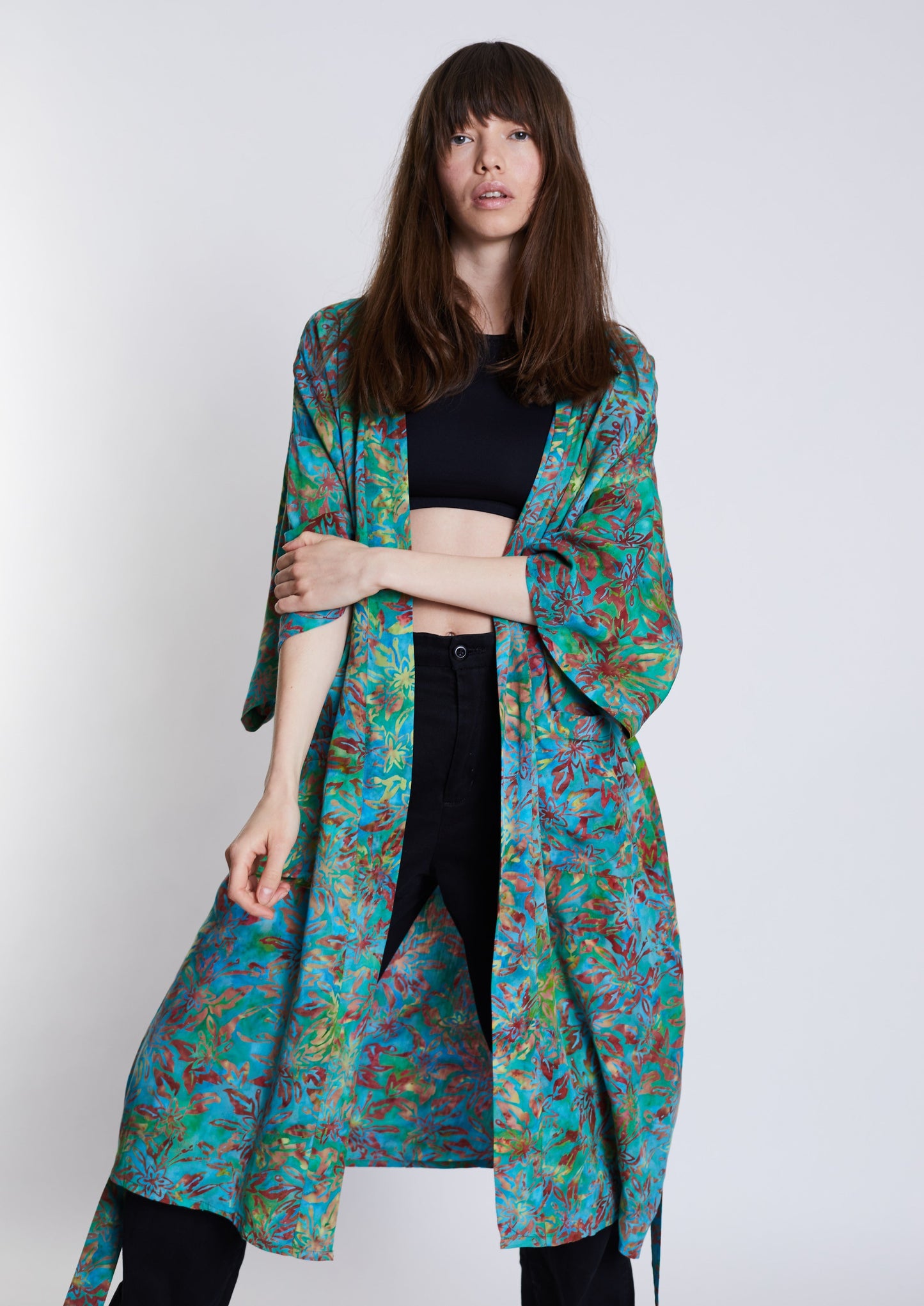 Long Multicolour-Green handmade Kimono