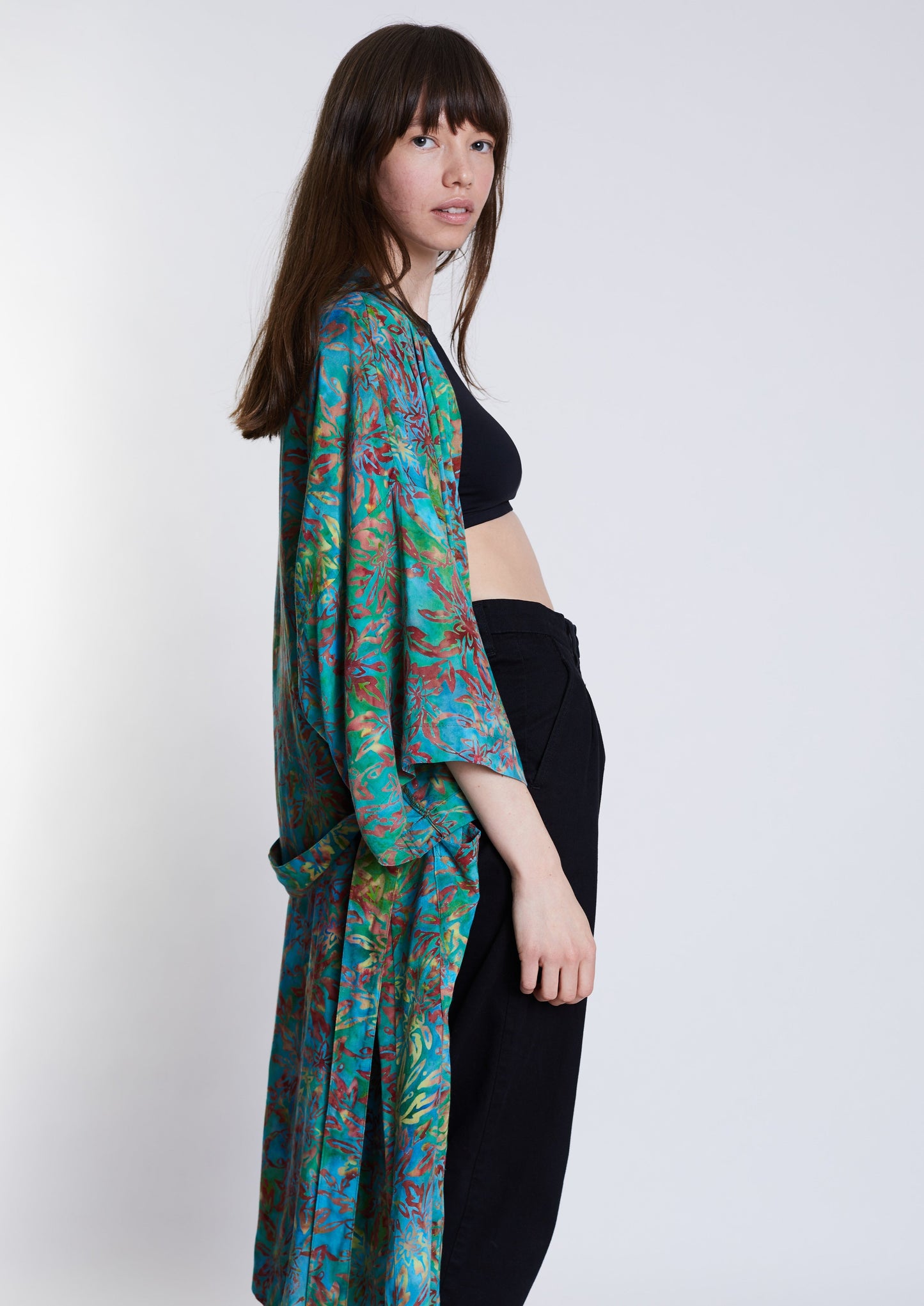 Long Multicolour-Green handmade Kimono