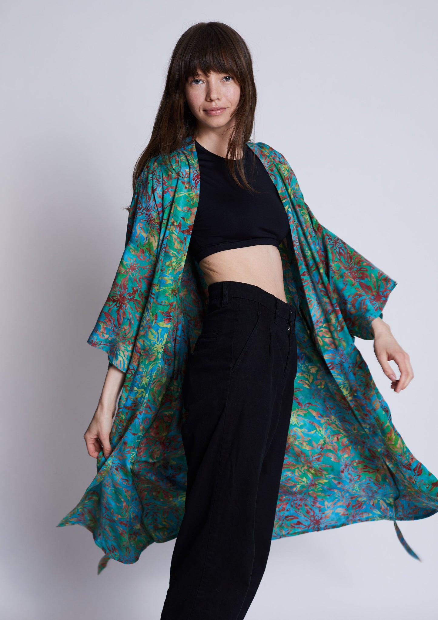 Long Multicolour-Green handmade Kimono