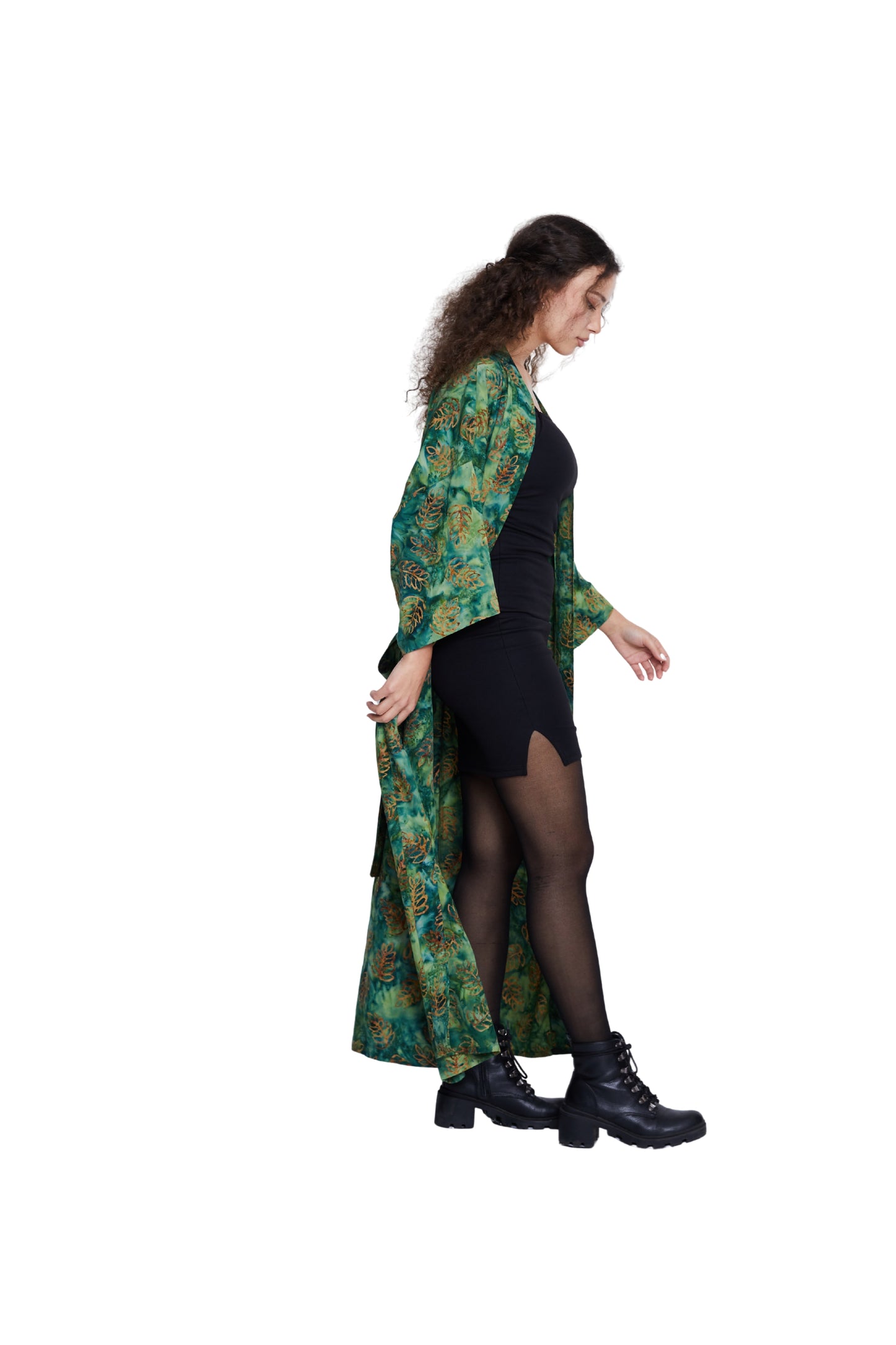 Extra long Green-Leaves handmade Kimono