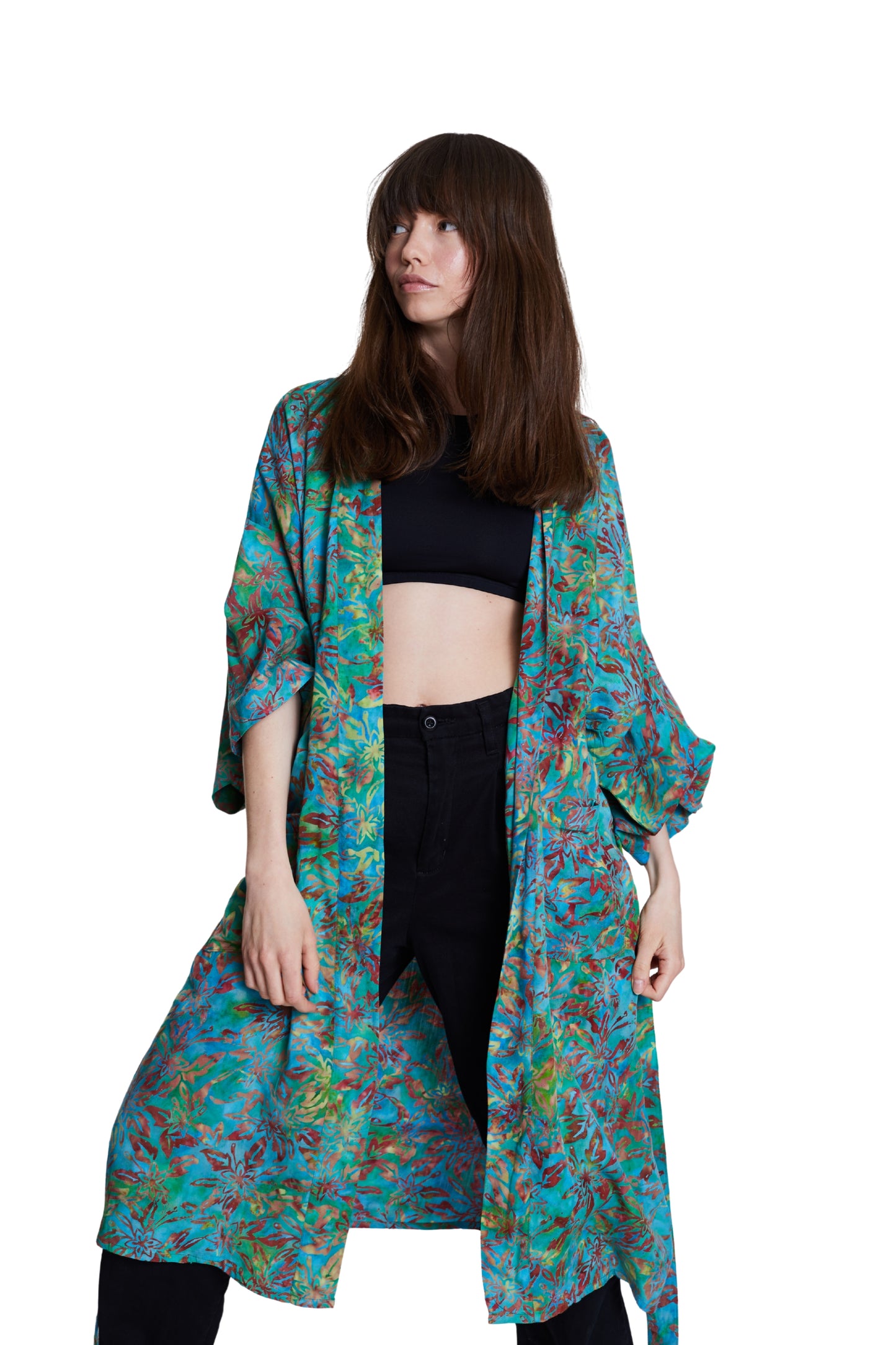 Long Multicolour-Green handmade Kimono