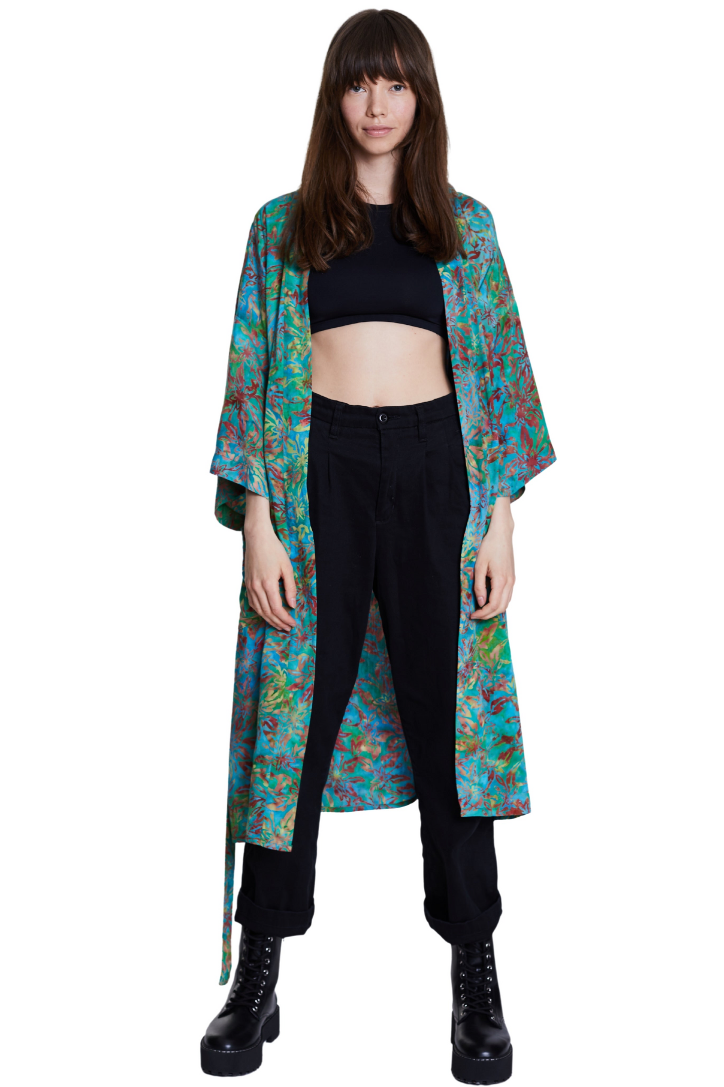 Long Multicolour-Green handmade Kimono