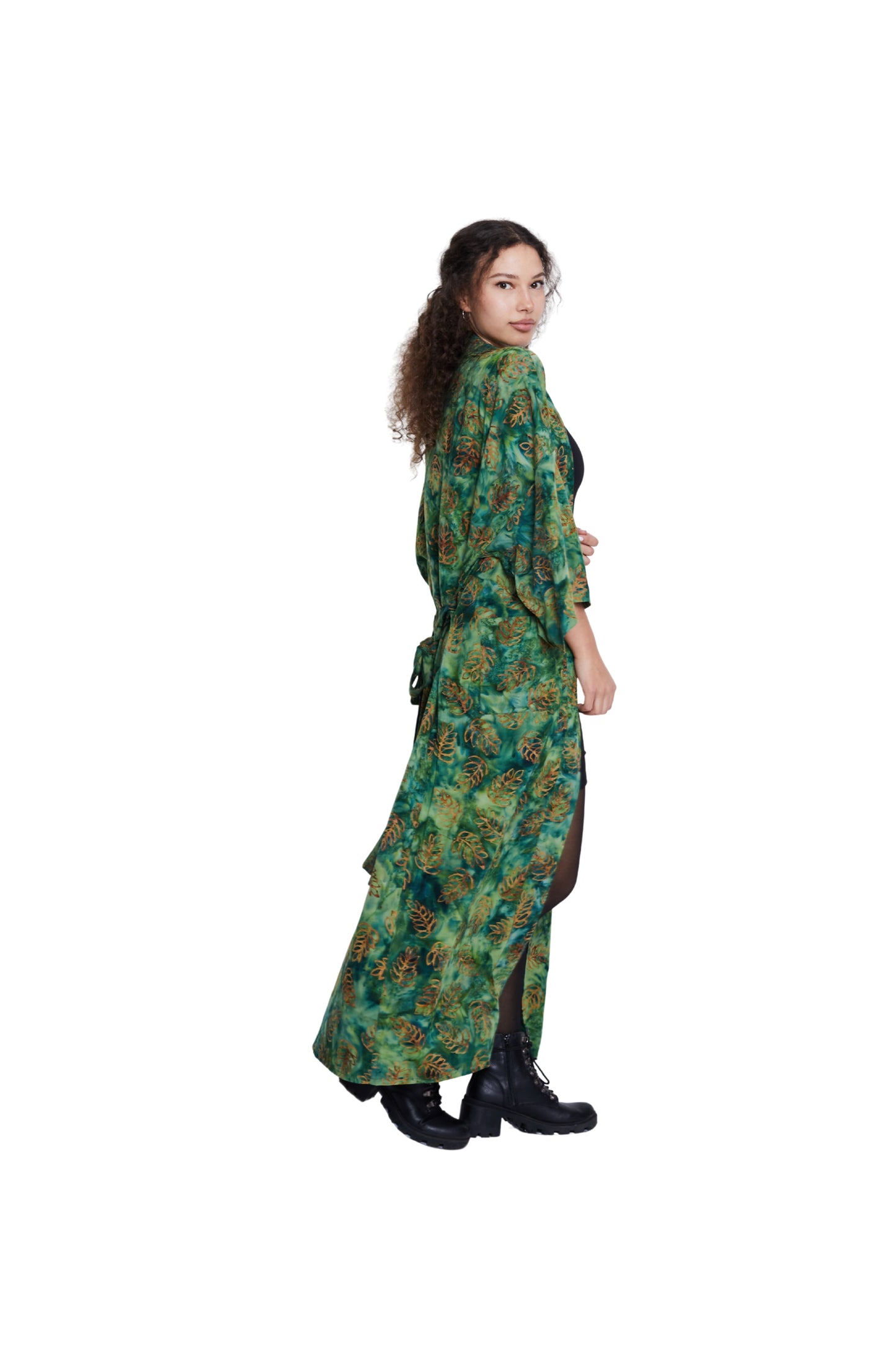 Extra long Green-Leaves handmade Kimono
