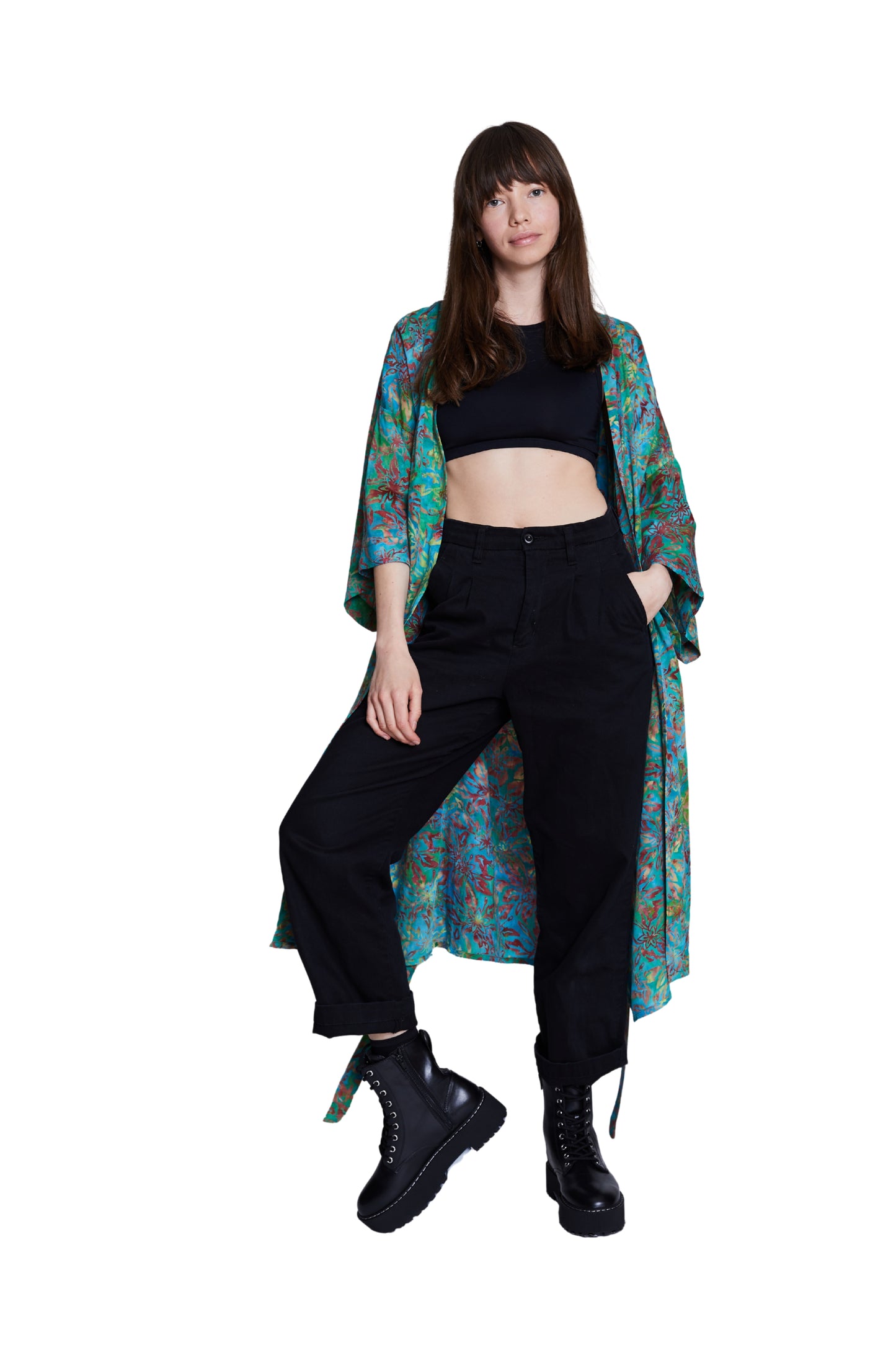 Long Multicolour-Green handmade Kimono