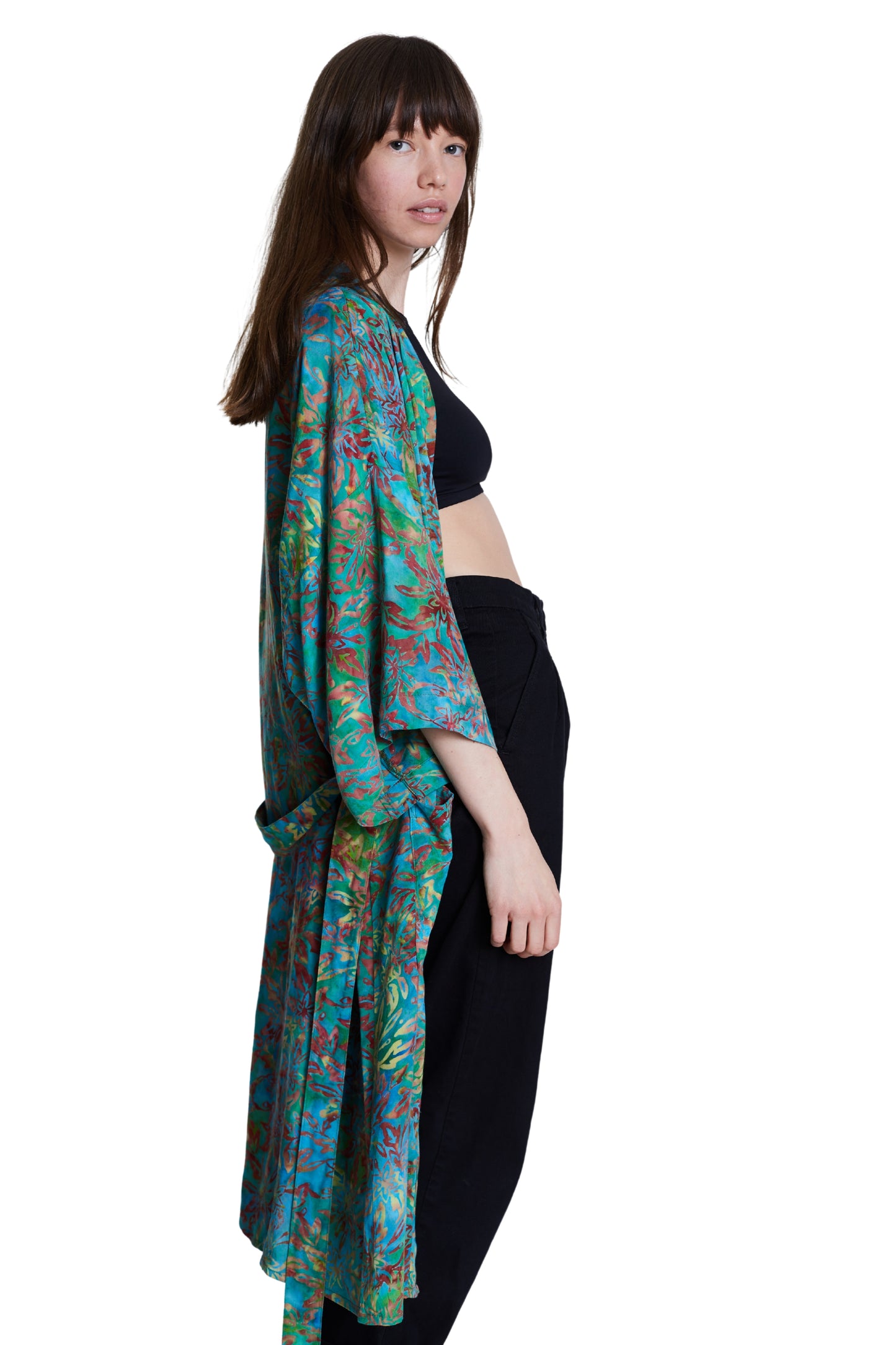 Long Multicolour-Green handmade Kimono
