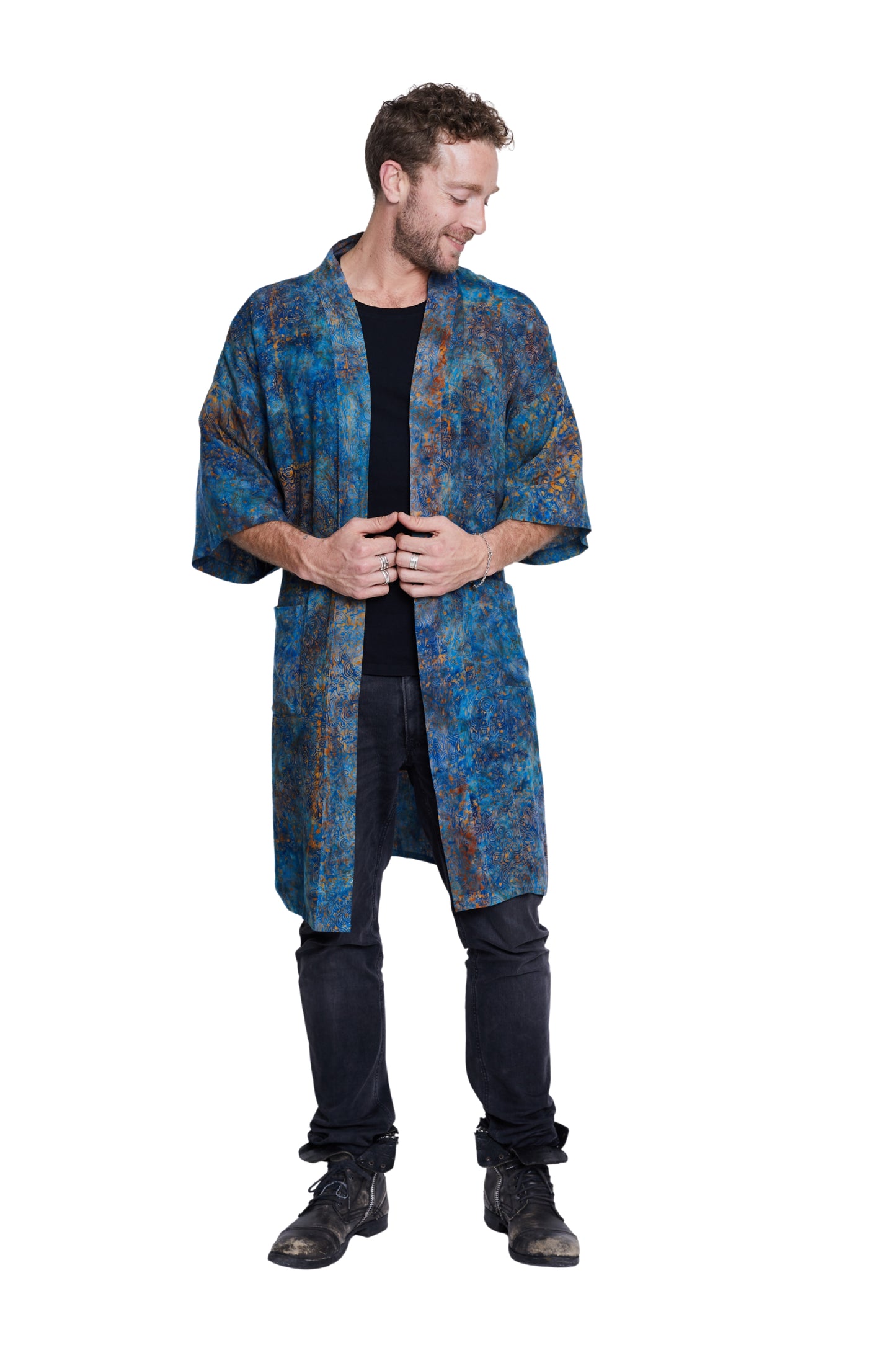 Long Blue-Orange-Waves handmade Kimono