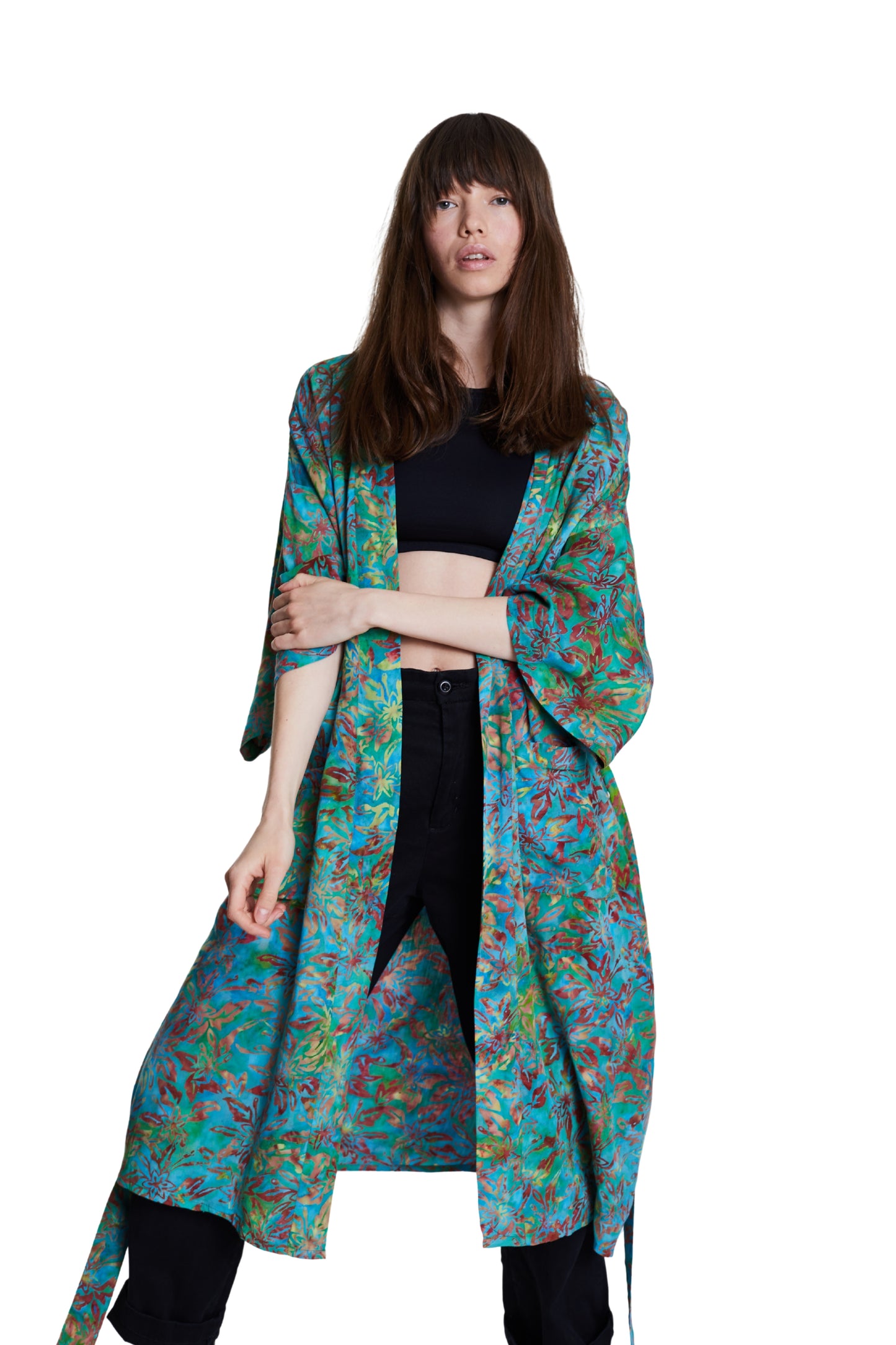 Long Multicolour-Green handmade Kimono