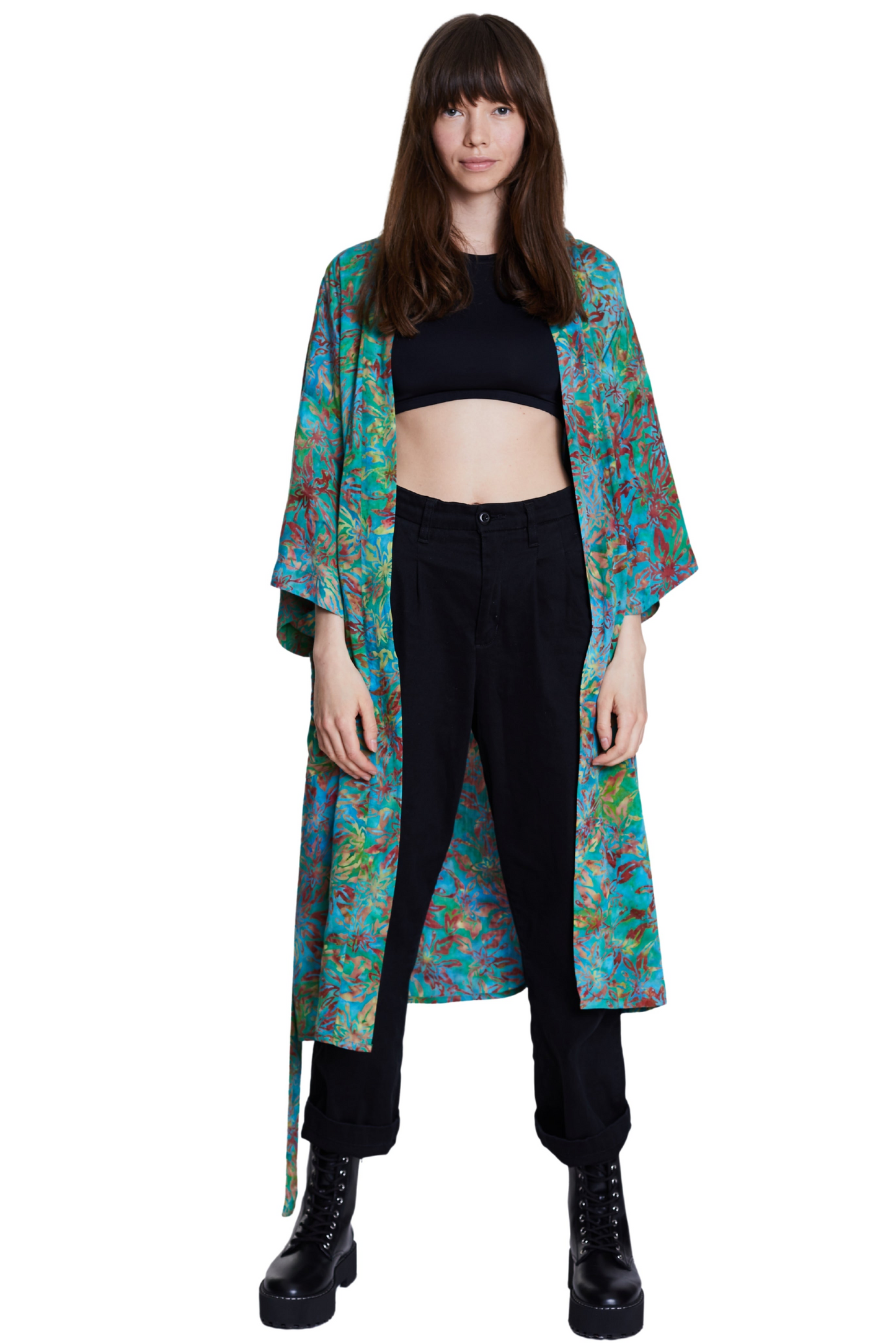 Long Multicolour-Green handmade Kimono