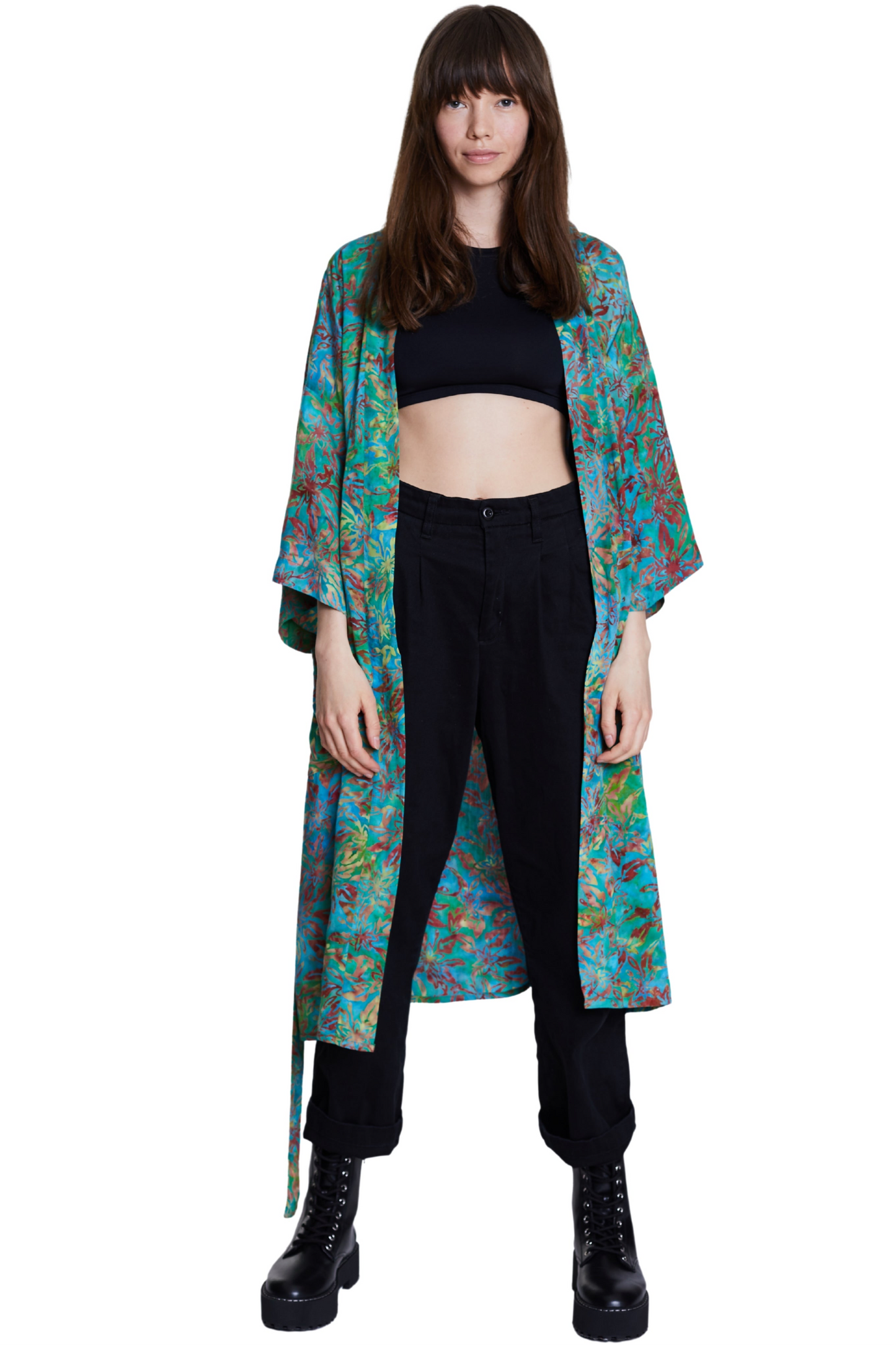 Long Multicolour-Green handmade Kimono