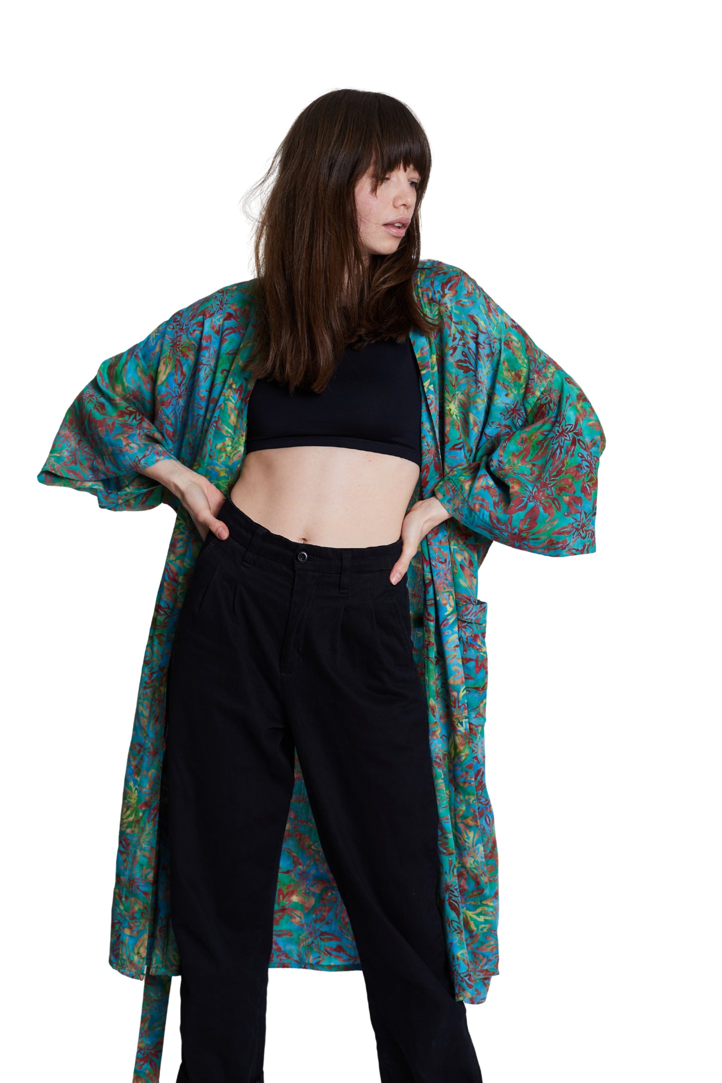 Long Multicolour-Green handmade Kimono