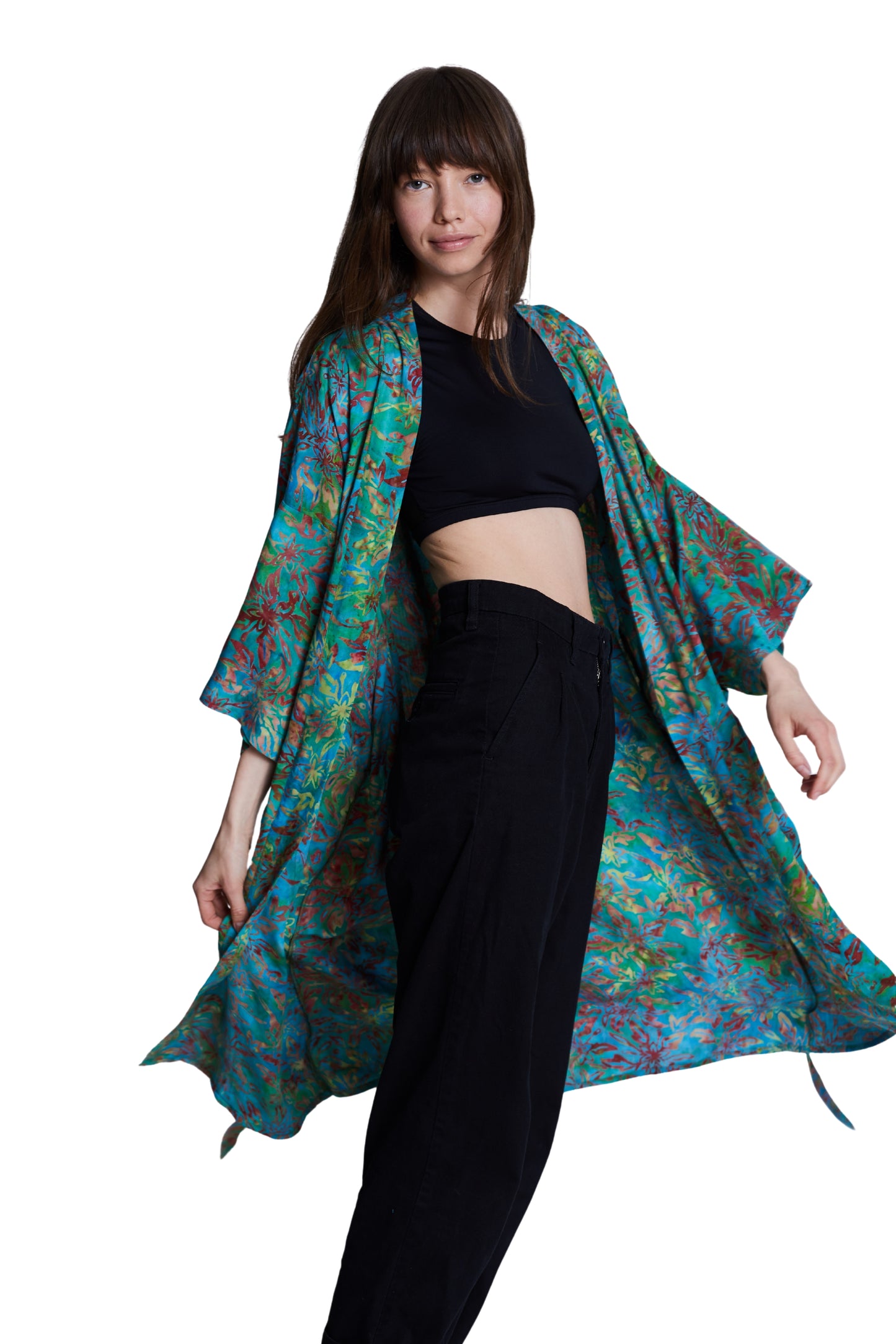 Long Multicolour-Green handmade Kimono