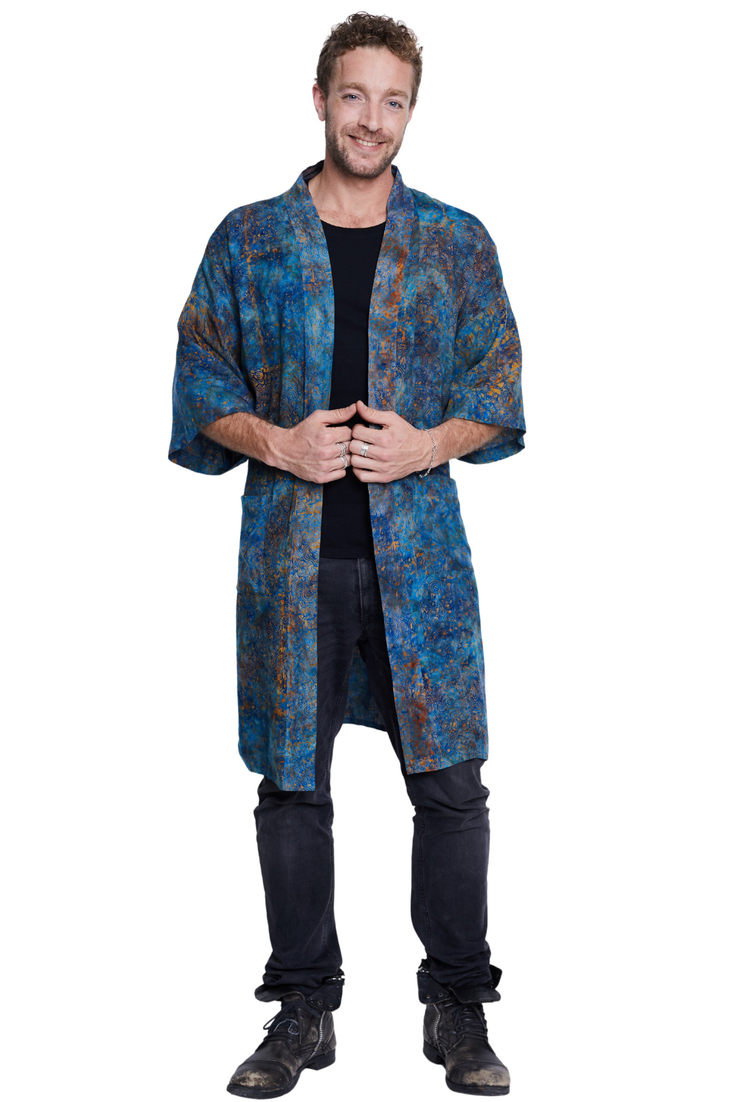 Long Blue-Orange-Waves handmade Kimono