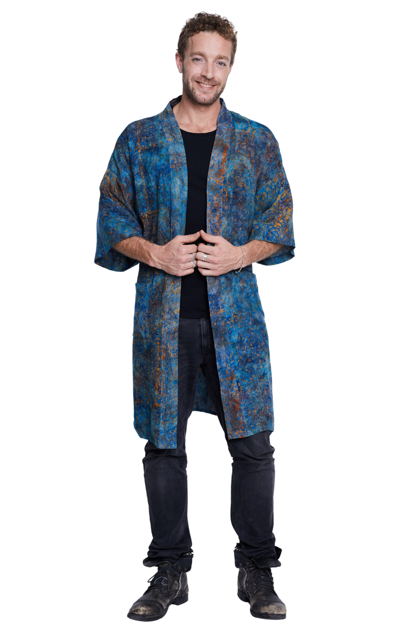 Long Blue-Orange-Waves handmade Kimono