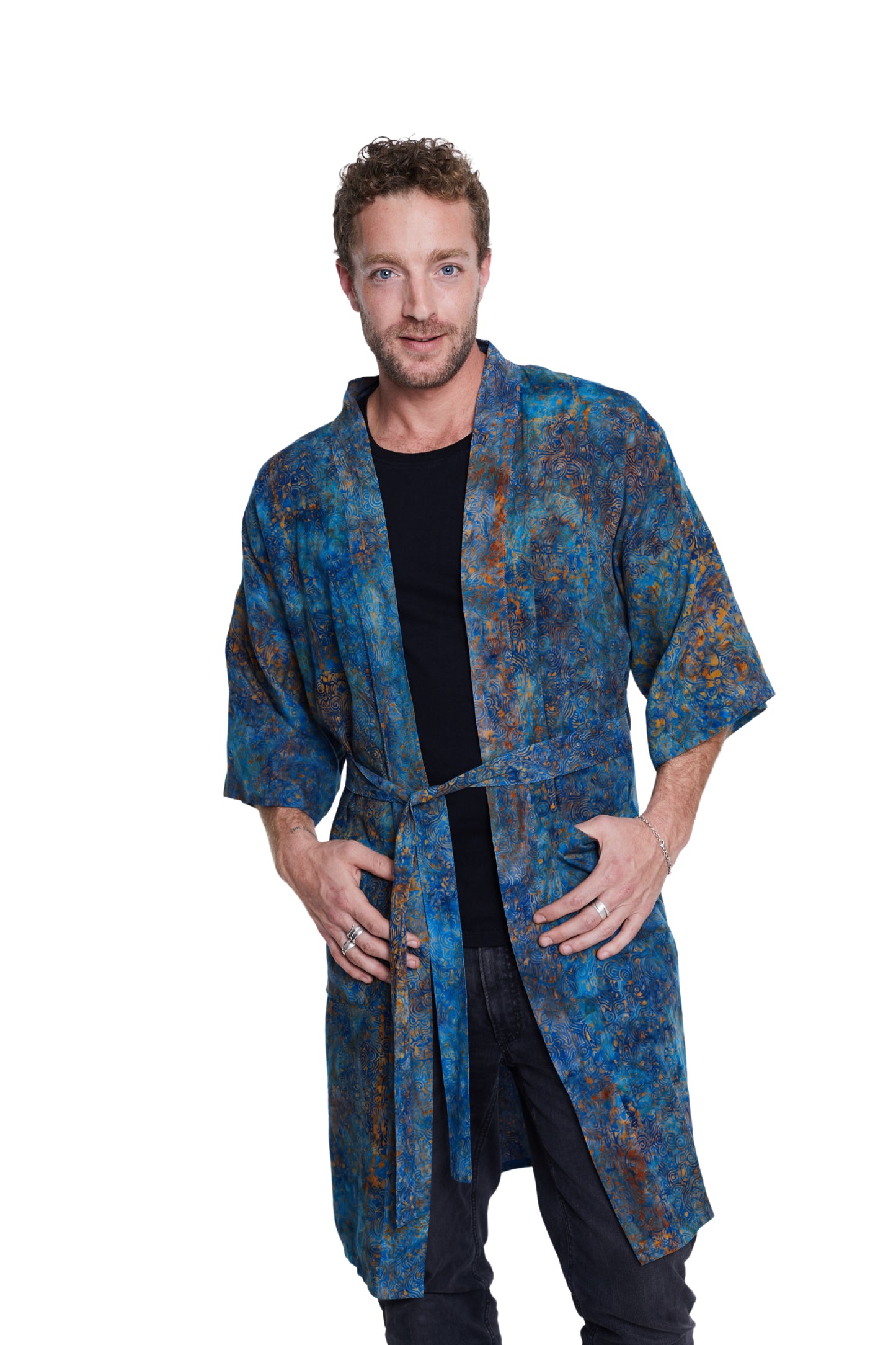 Long Blue-Orange-Waves handmade Kimono