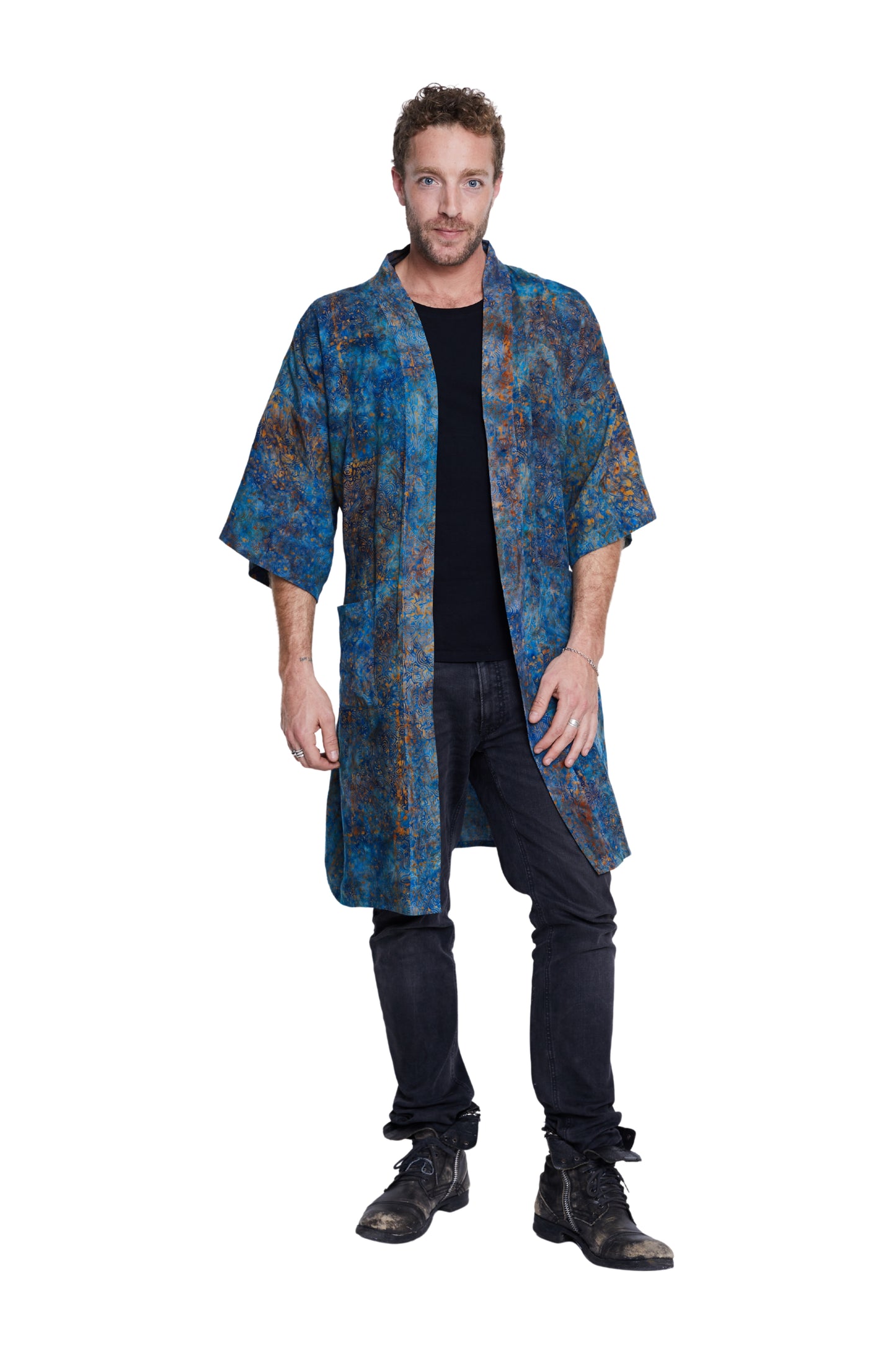 Long Blue-Orange-Waves handmade Kimono