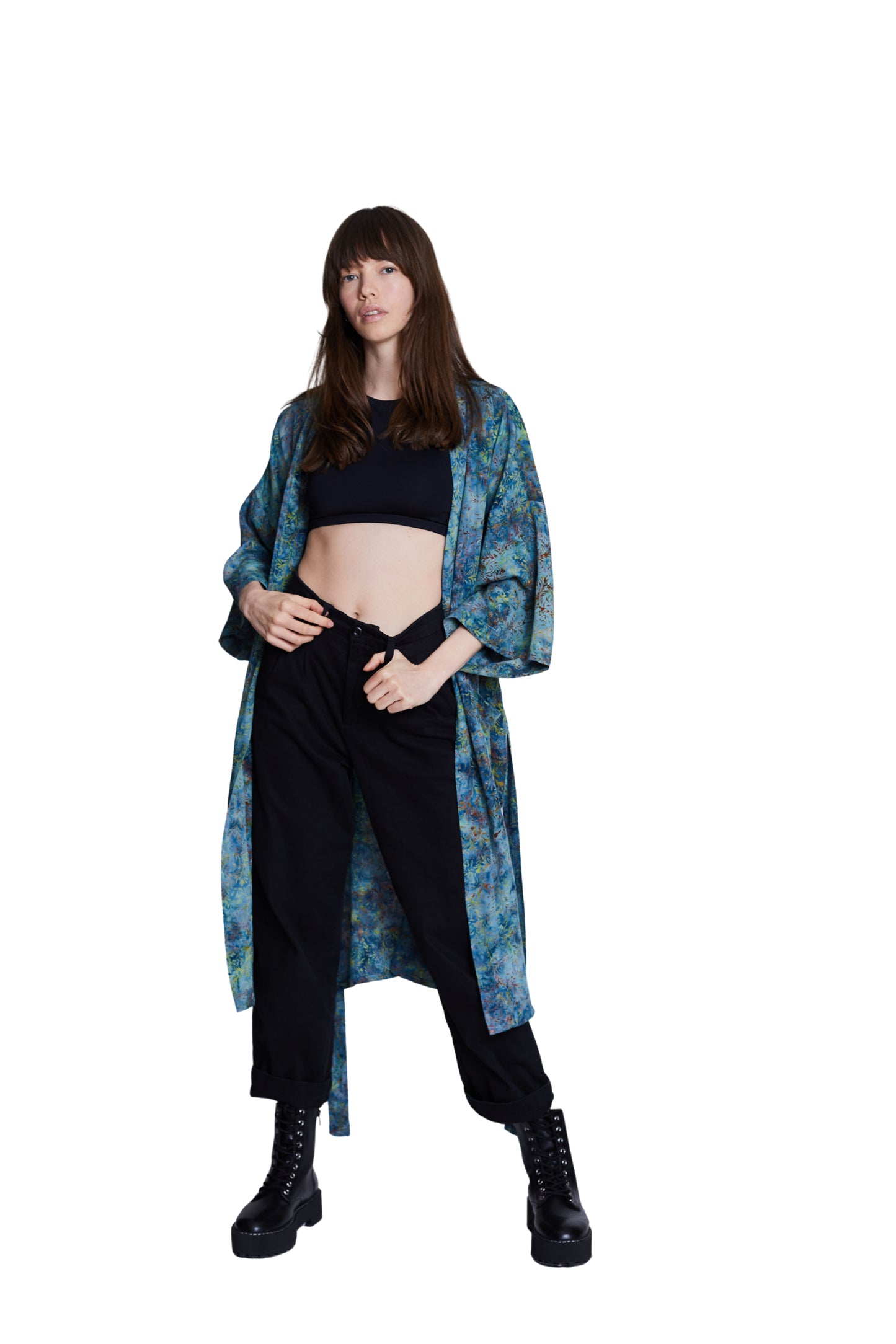 Long Light-Blue-Green handmade Kimono