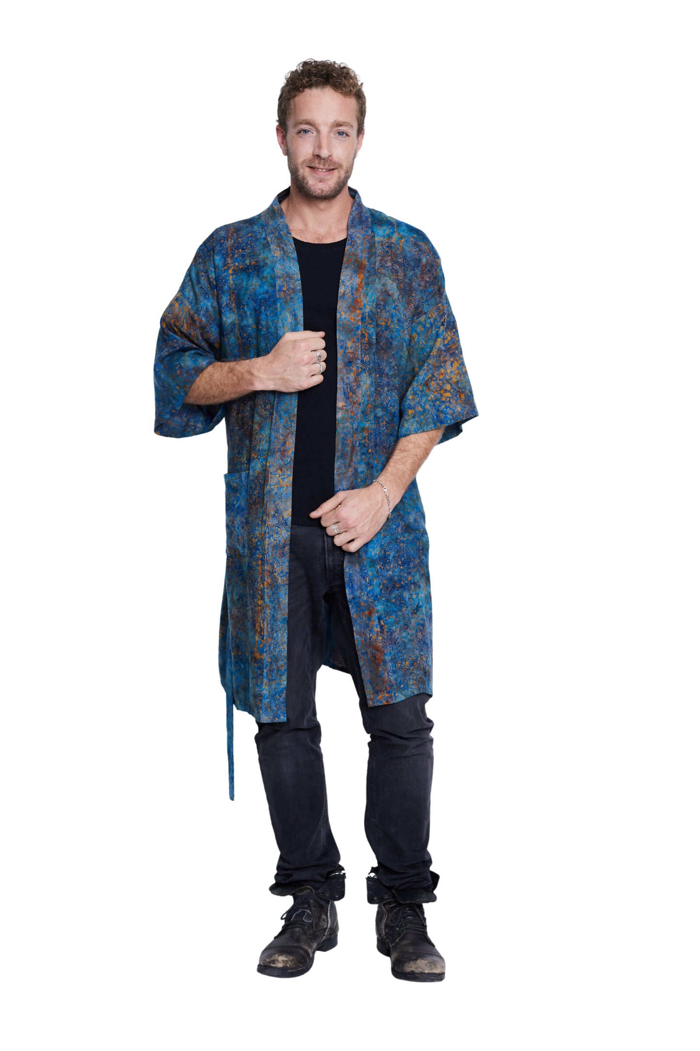 Long Blue-Orange-Waves handmade Kimono