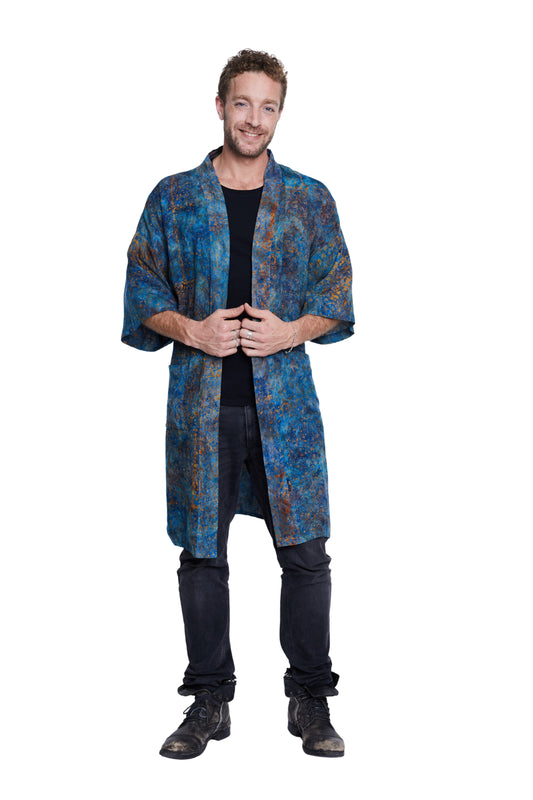 Long Blue-Orange-Waves handmade Kimono