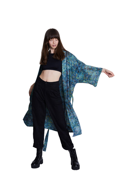 Long Light-Blue-Green handmade Kimono