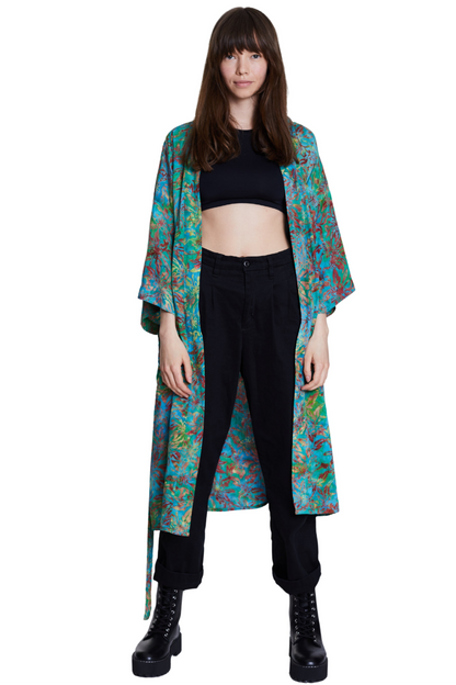 Long Multicolour-Green handmade Kimono