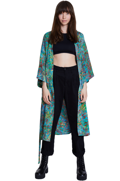 Long Multicolour-Green handmade Kimono