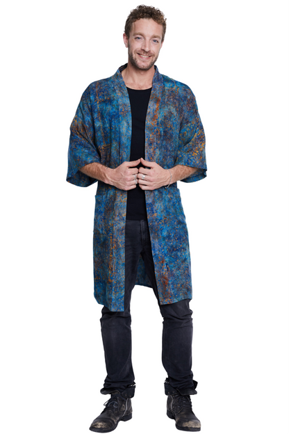 Long Blue-Orange-Waves handmade Kimono