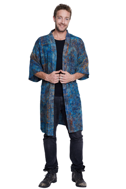 Long Blue-Orange-Waves handmade Kimono