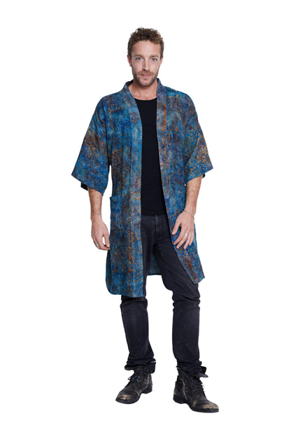 Long Blue-Orange-Waves handmade Kimono