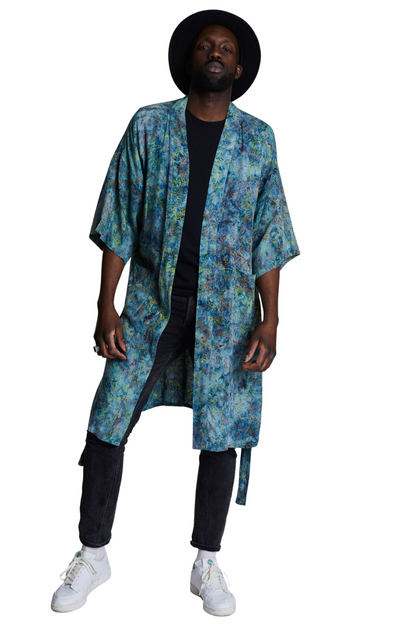 Long Light-Blue-Green handmade Kimono