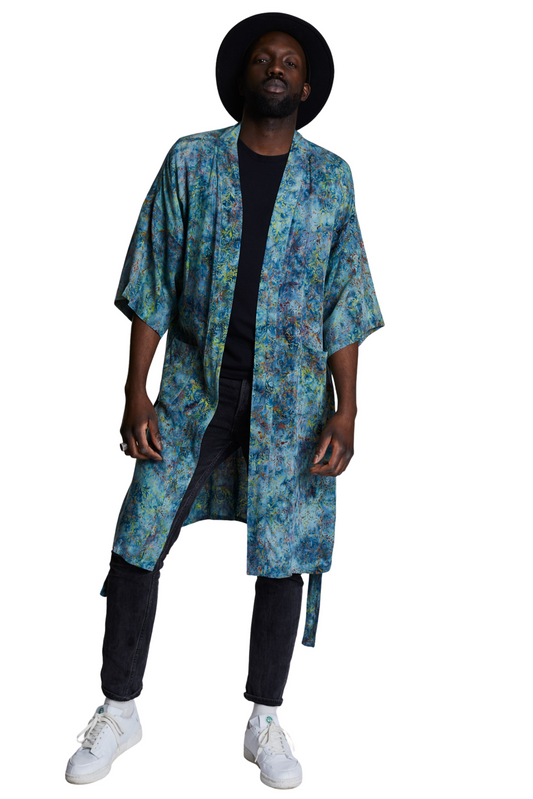 Long Light-Blue-Green handmade Kimono