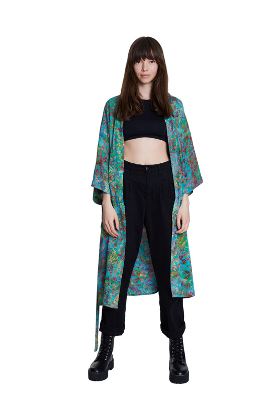 Long Multicolour-Green handmade Kimono